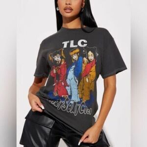 NWT Women’s Black Acid Wash Short Sleeve Tee Shirt TLC Bank Music - Size Large